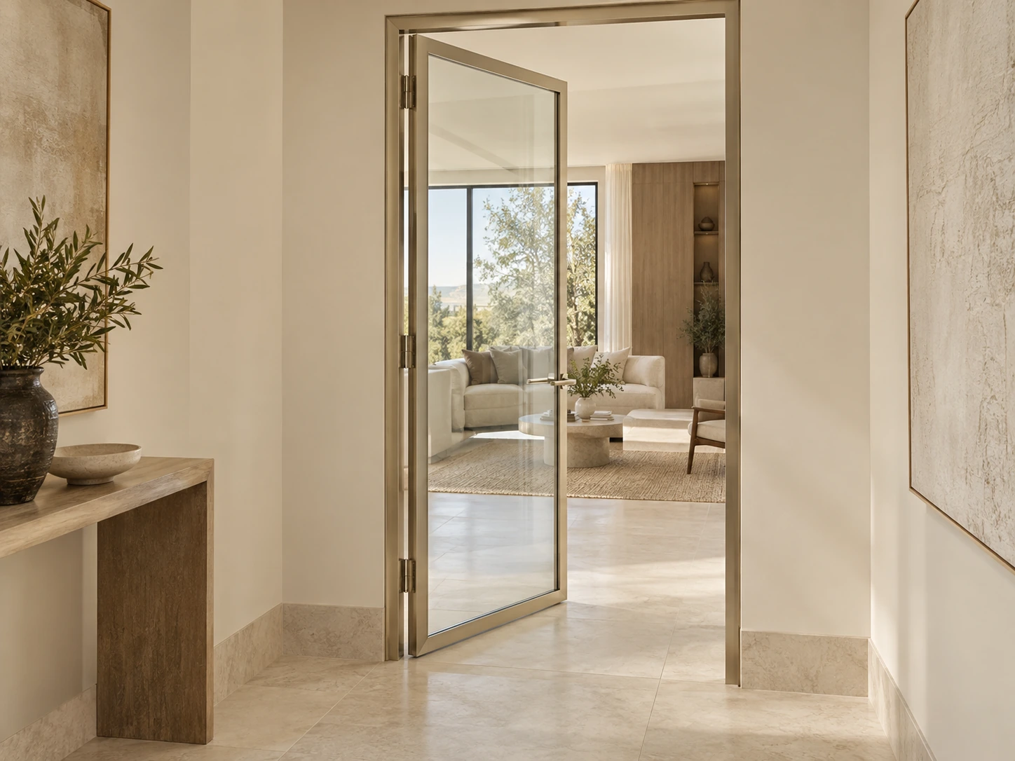 Warm metallic frame surrounding a glass door