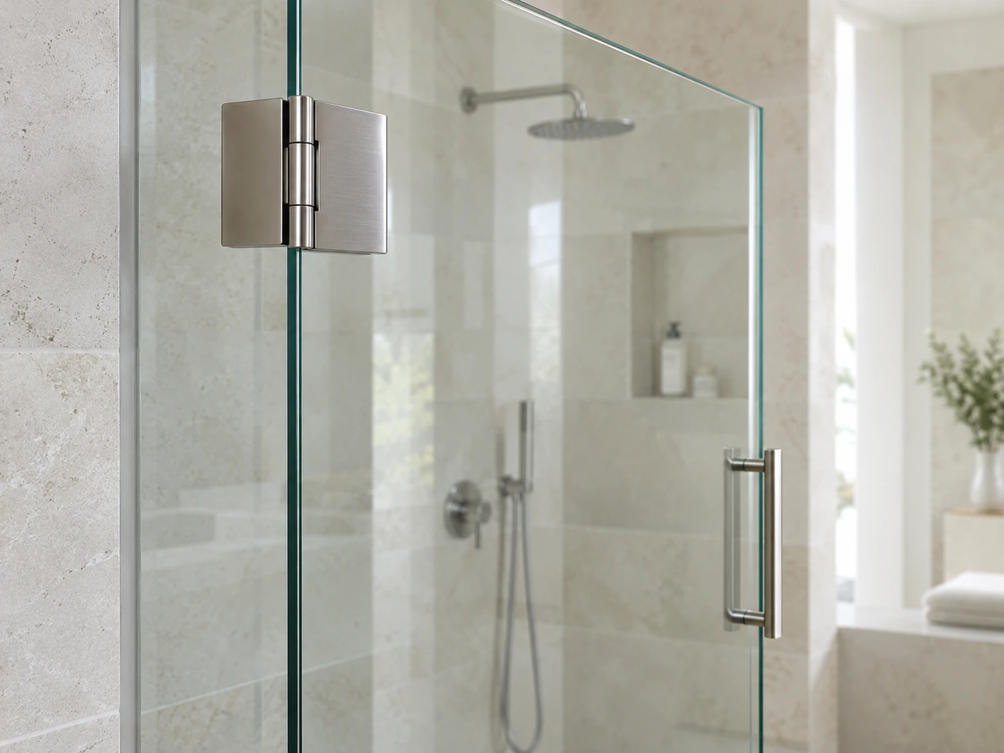 Close view of a shower door hinge and glass edge