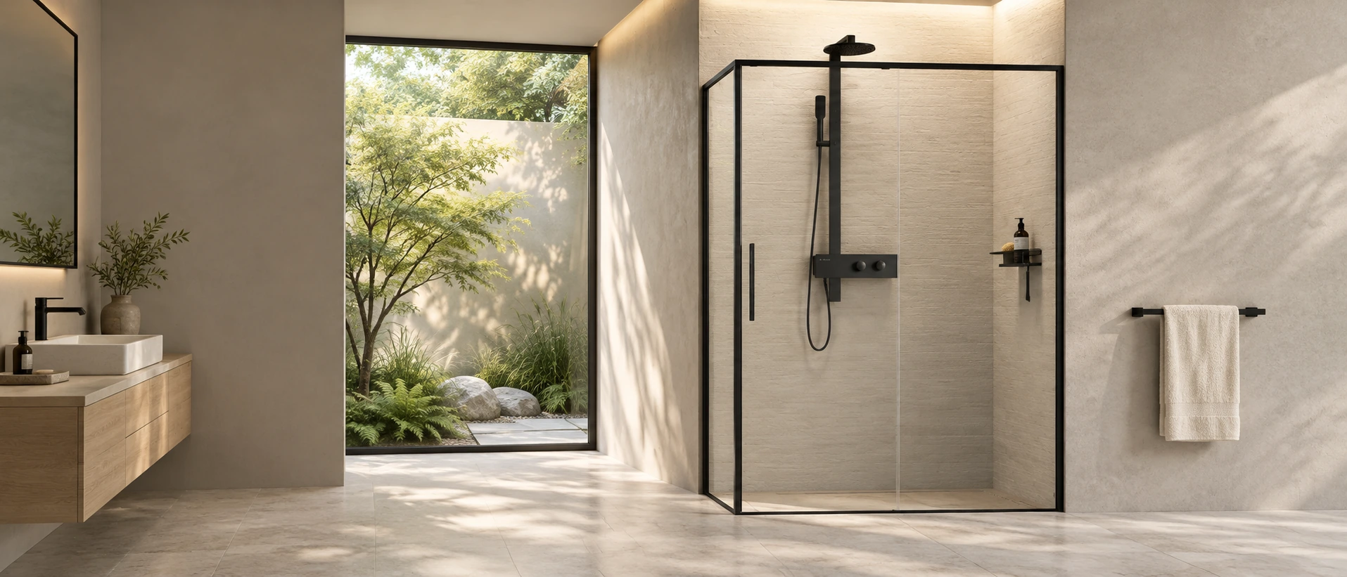 Black-framed glass shower enclosure beside a sunlit garden courtyard