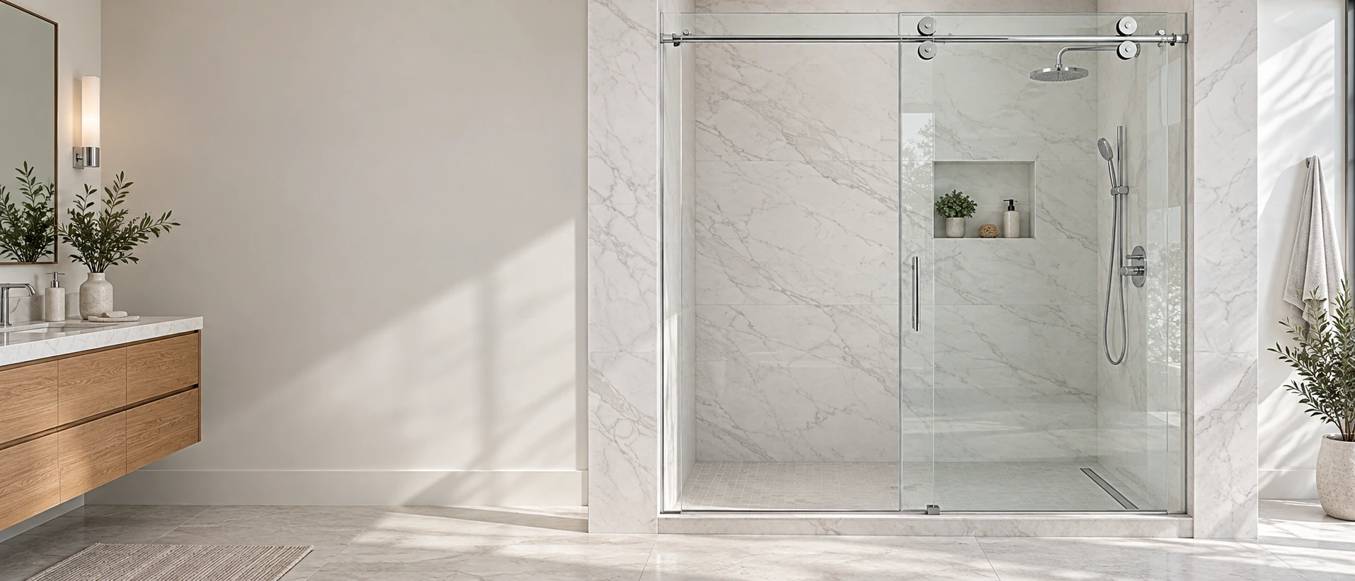 American-style sliding glass shower door with exposed silver rollers in a bright marble bathroom